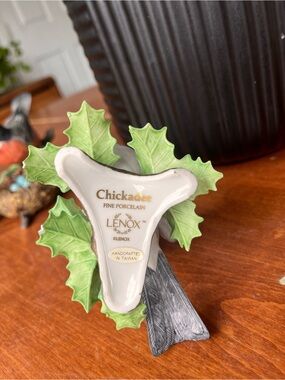 Lenox Porcelain Chickadee Figurine with Green Holly Leaves